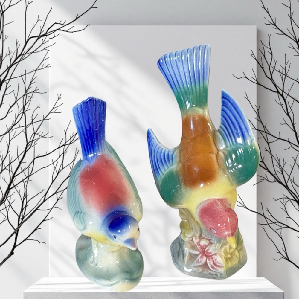 2 Vintage Royal Copley Colorful Ceramic Porcelain Bird Figurines